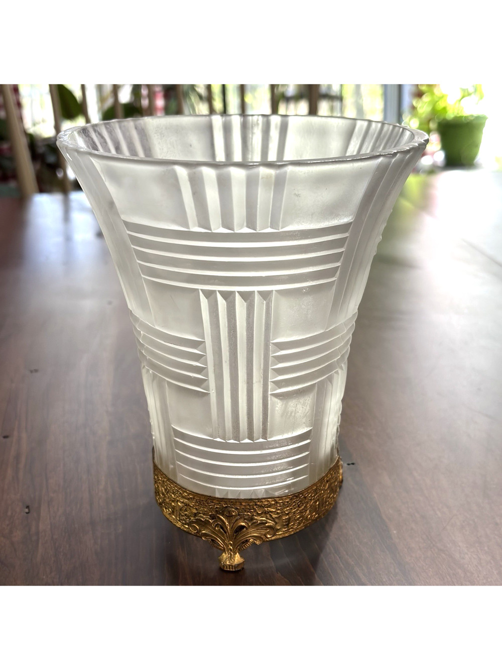 Footed Art Deco Vase Frosted Geometric Satin Glass Gold Gilt Hollywood Regency